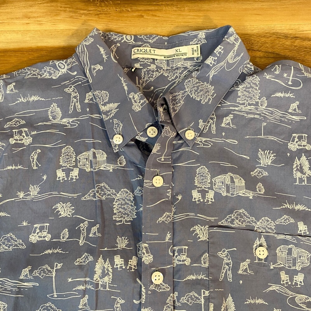 Criquet Button Down Shirt XL Golf Print Short Sleeve Blue Casual Men Shirt